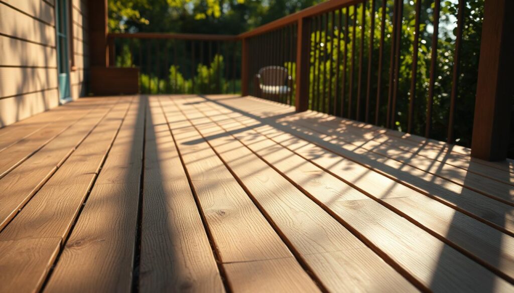 Outdoor wooden deck with natural wood grain texture, weathered and rustic appearance. Sun-dappled scene with long shadows, conveying a warm, peaceful atmosphere. Planks arranged in a uniform, parallel pattern, slightly elevated off the ground. Lush, verdant foliage in the background, hinting at a serene, natural setting. Lighting is soft and diffused, creating a gentle, inviting ambiance. Camera angle slightly elevated to showcase the deck's layout and integration with the surrounding environment. The overall impression is one of an eco-friendly, sustainable outdoor living space. Outdoor wooden deck with natural wood grain texture, weathered and rustic appearance. Sun-dappled scene with long shadows, conveying a warm, peaceful atmosphere. Planks arranged in a uniform, parallel pattern, slightly elevated off the ground. Lush, verdant foliage in the background, hinting at a serene, natural setting. Lighting is soft and diffused, creating a gentle, inviting ambiance. Camera angle slightly elevated to showcase the deck's layout and integration with the surrounding environment. The overall impression is one of an eco-friendly, sustainable outdoor living space.