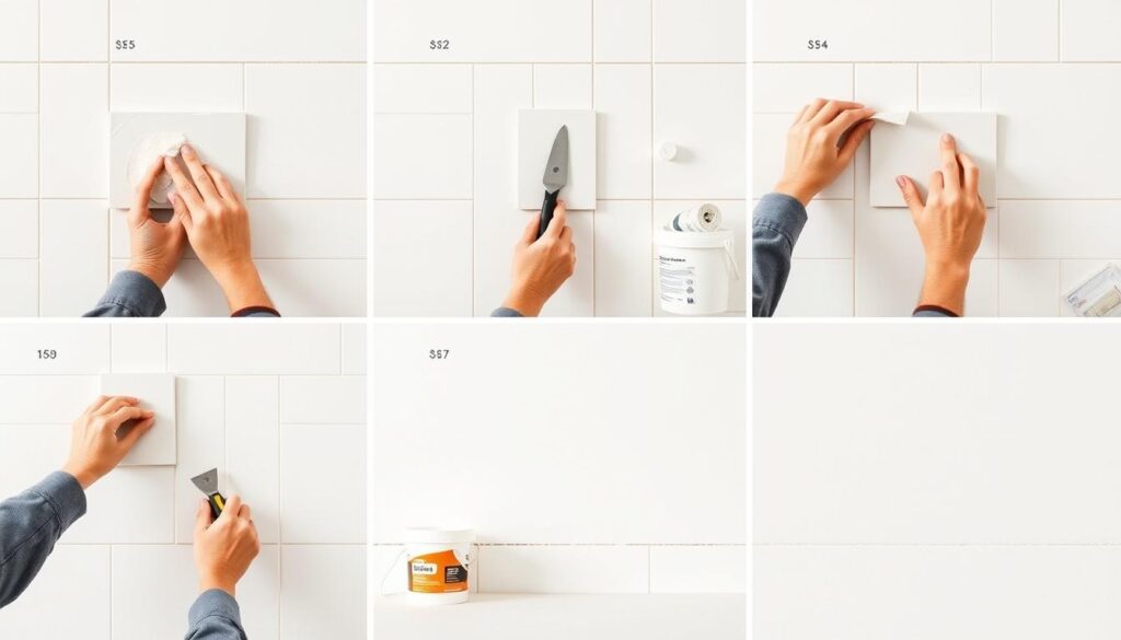 a series of detailed step-by-step images showing the process of laying tiles on a wall, with a clean, bright, and instructional aesthetic. The foreground depicts a skilled worker's hands demonstrating tile-laying techniques, such as spreading adhesive, aligning tiles, and grouting. The middle ground shows the tools and materials used, including a trowel, tile cutter, and buckets of adhesive. The background features a plain, light-colored wall surface to keep the focus on the task at hand. The lighting is soft and even, creating clear shadows and highlights to emphasize the textures and movements. The overall composition is well-balanced, with a sense of order and precision to match the step-by-step nature of the task. a series of detailed step-by-step images showing the process of laying tiles on a wall, with a clean, bright, and instructional aesthetic. The foreground depicts a skilled worker's hands demonstrating tile-laying techniques, such as spreading adhesive, aligning tiles, and grouting. The middle ground shows the tools and materials used, including a trowel, tile cutter, and buckets of adhesive. The background features a plain, light-colored wall surface to keep the focus on the task at hand. The lighting is soft and even, creating clear shadows and highlights to emphasize the textures and movements. The overall composition is well-balanced, with a sense of order and precision to match the step-by-step nature of the task.
