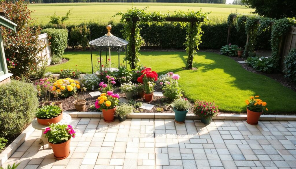 A beautifully arranged garden featuring leftover tiles in various shades and textures. In the foreground, a charming patio area made of mosaic tiles creates a welcoming space with potted flowers and a small table. The middle ground showcases vibrant flower beds interspersed with creatively placed tile fragments, adding color and interest. In the background, a lush green lawn and a trellis adorned with climbing plants create a serene atmosphere. Soft afternoon lighting casts gentle shadows, enhancing the texture of the tiles. The scene captures a peaceful, inviting feel, ideal for outdoor relaxation and creativity inspired by upcycling decorative materials. The composition is framed to emphasize the harmonious blend of nature and crafted design, without any text or human figures. A beautifully arranged garden featuring leftover tiles in various shades and textures. In the foreground, a charming patio area made of mosaic tiles creates a welcoming space with potted flowers and a small table. The middle ground showcases vibrant flower beds interspersed with creatively placed tile fragments, adding color and interest. In the background, a lush green lawn and a trellis adorned with climbing plants create a serene atmosphere. Soft afternoon lighting casts gentle shadows, enhancing the texture of the tiles. The scene captures a peaceful, inviting feel, ideal for outdoor relaxation and creativity inspired by upcycling decorative materials. The composition is framed to emphasize the harmonious blend of nature and crafted design, without any text or human figures.