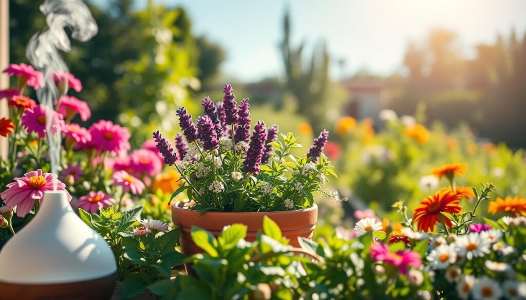 A beautifully arranged garden scene depicting a variety of vibrant flowers and plants to create an inviting atmosphere, with a subtle hint of an essential oil diffuser emitting a soft mist in the foreground. The middle section features a pot of herbs like lavender and mint, known for their natural repellent properties against wasps and hornets. The background reveals a sunlit garden with lush greenery and a clear blue sky, enhancing the tranquil and effective mood of the image. The lighting is warm and soft, creating a serene ambiance. Capture this scene from a slightly elevated angle to showcase the details of both the herbs and the surrounding garden, emphasizing the natural beauty that aids in repelling pests. A beautifully arranged garden scene depicting a variety of vibrant flowers and plants to create an inviting atmosphere, with a subtle hint of an essential oil diffuser emitting a soft mist in the foreground. The middle section features a pot of herbs like lavender and mint, known for their natural repellent properties against wasps and hornets. The background reveals a sunlit garden with lush greenery and a clear blue sky, enhancing the tranquil and effective mood of the image. The lighting is warm and soft, creating a serene ambiance. Capture this scene from a slightly elevated angle to showcase the details of both the herbs and the surrounding garden, emphasizing the natural beauty that aids in repelling pests.