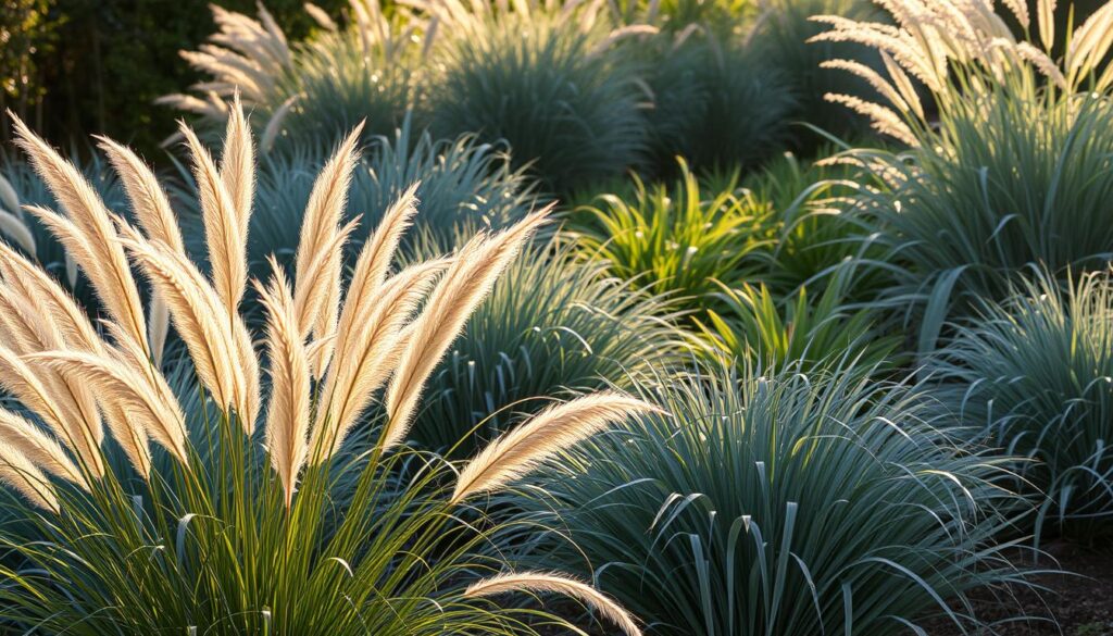 A beautifully arranged garden scene showcasing a variety of ornamental grasses. In the foreground, clusters of feather reed grass with tall, slender plumes sway gently, their golden hues capturing the sunlight. The middle ground features a mix of blue fescue with silvery-blue blades and the elegant, flowing texture of maiden grass, creating a harmonious blend of shapes and colors. In the background, soft, dappled light filters through taller grasses, casting gentle shadows. The scene is set during a warm, golden hour, enhancing the earthy tones and vibrant greens. The mood is serene and inviting, perfect for showcasing the beauty and diversity of ornamental grasses in a garden setting. A beautifully arranged garden scene showcasing a variety of ornamental grasses. In the foreground, clusters of feather reed grass with tall, slender plumes sway gently, their golden hues capturing the sunlight. The middle ground features a mix of blue fescue with silvery-blue blades and the elegant, flowing texture of maiden grass, creating a harmonious blend of shapes and colors. In the background, soft, dappled light filters through taller grasses, casting gentle shadows. The scene is set during a warm, golden hour, enhancing the earthy tones and vibrant greens. The mood is serene and inviting, perfect for showcasing the beauty and diversity of ornamental grasses in a garden setting.