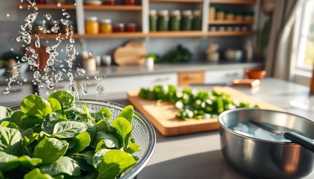 A beautifully arranged kitchen countertop featuring fresh spinach ready for freezing. In the foreground, vibrant green spinach leaves are being rinsed in a colander, droplets of water glistening under soft, natural light. The middle ground shows a chopping board with spinach being chopped into smaller pieces with a knife, alongside a bowl of ice water for blanching. In the background, a tidy kitchen setup with shelves stocked with jars and containers, hinting at a cozy, inviting atmosphere. The overall mood is calm and organized, with warm sunlight filtering through a nearby window, creating gentle shadows. Capture this scene from a slightly elevated angle to include both the preparation and the inviting kitchen environment. A beautifully arranged kitchen countertop featuring fresh spinach ready for freezing. In the foreground, vibrant green spinach leaves are being rinsed in a colander, droplets of water glistening under soft, natural light. The middle ground shows a chopping board with spinach being chopped into smaller pieces with a knife, alongside a bowl of ice water for blanching. In the background, a tidy kitchen setup with shelves stocked with jars and containers, hinting at a cozy, inviting atmosphere. The overall mood is calm and organized, with warm sunlight filtering through a nearby window, creating gentle shadows. Capture this scene from a slightly elevated angle to include both the preparation and the inviting kitchen environment.