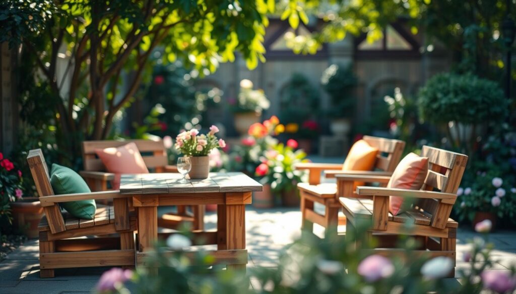 A beautifully arranged outdoor setting featuring handmade garden furniture made from wooden pallets. In the foreground, a charming rustic table and chairs fashioned from the pallets, adorned with vibrant cushions for added comfort. The middle ground displays a small, cozy patio area surrounded by lush greenery and flowering plants, creating a lively but serene atmosphere. In the background, a soft-focus garden space enhances the tranquility, with sunlight streaming through leaves, casting dappled shadows on the furniture. The scene is warm and inviting, evoking thoughts of relaxation and outdoor gatherings. The lighting is soft and natural, emulating a late afternoon glow, captured with a slight depth of field to highlight the pallet furniture.