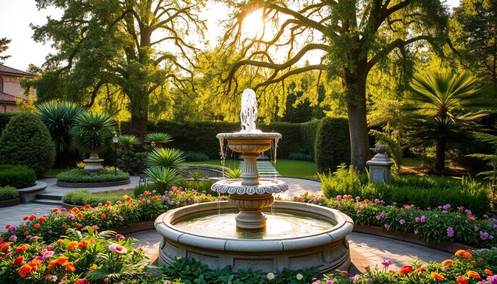 A beautifully designed garden fountain sits centrally in a lush garden setting. In the foreground, the fountain is intricately carved with ornate details, featuring multiple tiers of cascading water that sparkles under the soft sunlight. Surrounding the fountain is a border of colorful flowers and verdant greenery, enhancing the serene atmosphere. In the middle ground, a variety of plants, including ferns and small shrubs, frame the fountain, while a tranquil stone pathway leads to it. In the background, tall trees provide gentle shade, their leaves rustling softly in a light breeze. The scene is illuminated by warm, golden-hour sunlight, casting soft shadows and creating a peaceful, inviting mood, perfect for enjoying nature's beauty. Capture the essence of a tranquil garden oasis. A beautifully designed garden fountain sits centrally in a lush garden setting. In the foreground, the fountain is intricately carved with ornate details, featuring multiple tiers of cascading water that sparkles under the soft sunlight. Surrounding the fountain is a border of colorful flowers and verdant greenery, enhancing the serene atmosphere. In the middle ground, a variety of plants, including ferns and small shrubs, frame the fountain, while a tranquil stone pathway leads to it. In the background, tall trees provide gentle shade, their leaves rustling softly in a light breeze. The scene is illuminated by warm, golden-hour sunlight, casting soft shadows and creating a peaceful, inviting mood, perfect for enjoying nature's beauty. Capture the essence of a tranquil garden oasis.
