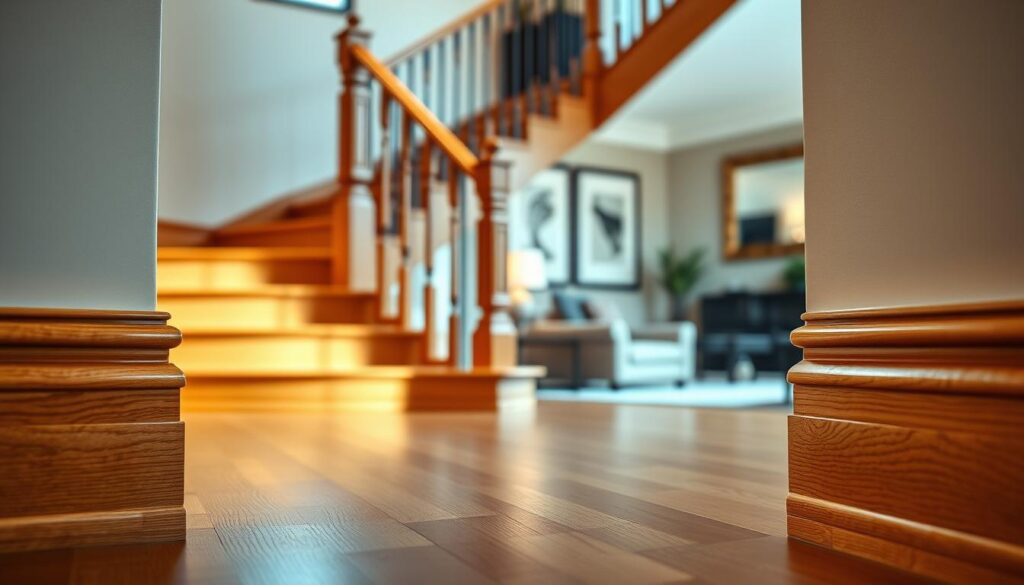A beautifully designed interior space showcasing baseboards installed near a staircase. In the foreground, focus on elegant wooden baseboards that blend seamlessly with the wall, highlighting their intricate details and finish. The staircase in the middle ground features a stylish railing and is adorned with complementary colors to the baseboards. Soft, warm lighting enhances the textures of the wood, creating a welcoming atmosphere. In the background, a softly blurred view of a cozy living area can be seen, with modern furniture that adds a contemporary touch. Capture this scene from a slightly elevated angle, suggesting a professional and inviting ambiance that highlights the importance of selecting the right baseboards for stair installations.