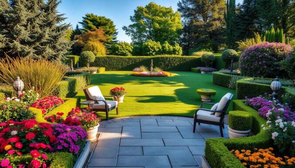 A beautifully landscaped garden corner designed as a representative area, featuring a stunning array of vibrant flowers in full bloom, neatly arranged hedges, and elegant stone pathways. In the foreground, include a stylish outdoor seating area with comfortable chairs and a small table, surrounded by colorful potted plants. In the middle ground, a carefully maintained lawn reflects a manicured appearance, accentuated by ornamental features like a small fountain or sculptural art piece. The background should show lush green trees and a clear blue sky, creating an inviting atmosphere. The lighting is warm, suggesting late afternoon sun, casting soft shadows that enhance the garden's tranquility. Aim for a serene and sophisticated mood that embodies a perfect gathering space in a well-thought-out garden design.