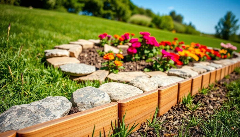 A beautifully landscaped garden featuring decorative garden borders made of various materials, such as wooden, stone, and metal. In the foreground, close-up details of the wooden borders, showcasing their texture and natural finish. In the middle ground, stone borders elegantly separating distinct flower beds, filled with vibrant blooms in rich colors. The background consists of lush green grass and a clear blue sky, bathing the scene in warm, natural light, highlighting the different materials and their unique properties. The atmosphere is serene and inviting, perfect for an educational article about garden edging installation. The composition should be taken from a slightly elevated angle, emphasizing the borders’ contrasts with the surrounding flora. A beautifully landscaped garden featuring decorative garden borders made of various materials, such as wooden, stone, and metal. In the foreground, close-up details of the wooden borders, showcasing their texture and natural finish. In the middle ground, stone borders elegantly separating distinct flower beds, filled with vibrant blooms in rich colors. The background consists of lush green grass and a clear blue sky, bathing the scene in warm, natural light, highlighting the different materials and their unique properties. The atmosphere is serene and inviting, perfect for an educational article about garden edging installation. The composition should be taken from a slightly elevated angle, emphasizing the borders’ contrasts with the surrounding flora.