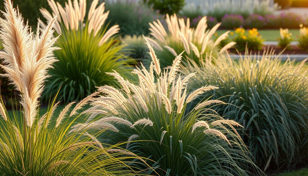 A beautifully landscaped garden showcasing the best ornamental grasses. In the foreground, vibrant, feathery plumes of Pampas grass stand tall alongside delicate, cascading fountain grass, creating an inviting visual texture. The middle ground features clustered groups of Blue Oat grass and Japanese Forest grass, their varied greens and blues contrasting elegantly. In the background, a soft-focus of wildflower borders complements the grasses, creating a harmonious blend. Soft, golden hour lighting bathes the scene in warmth, casting gentle shadows that highlight the grasses' intricate textures. The atmosphere is serene and tranquil, inviting viewers to imagine a peaceful outdoor retreat. The composition is captured at a slightly elevated angle, providing depth and a lush perspective of this ornamental grass showcase.