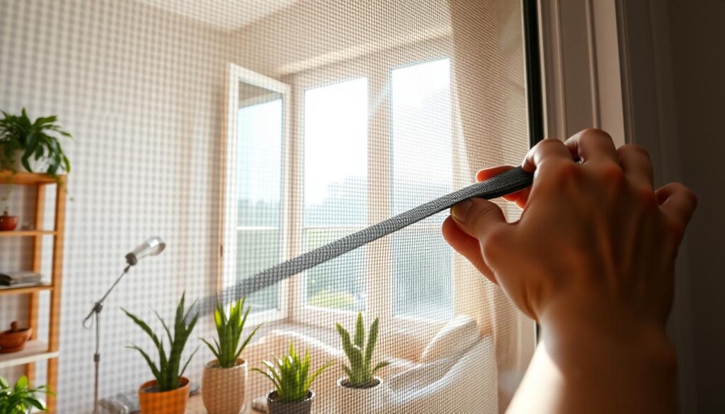 A bright and well-lit interior scene featuring a close-up of a person installing a mesh screen on a window. In the foreground, a pair of hands carefully aligns the screen with the window frame, showcasing a detailed view of the screen's textured surface. The middle ground highlights the window, partially open, allowing soft natural light to filter in and illuminate dust motes dancing in the air. In the background, a cozy room with potted plants and soft furnishings adds a welcoming atmosphere. The composition features a shallow depth of field to emphasize the installation process, capturing the moment with a warm, homey feel. The overall mood is focused and practical, reflecting a DIY spirit. A bright and well-lit interior scene featuring a close-up of a person installing a mesh screen on a window. In the foreground, a pair of hands carefully aligns the screen with the window frame, showcasing a detailed view of the screen's textured surface. The middle ground highlights the window, partially open, allowing soft natural light to filter in and illuminate dust motes dancing in the air. In the background, a cozy room with potted plants and soft furnishings adds a welcoming atmosphere. The composition features a shallow depth of field to emphasize the installation process, capturing the moment with a warm, homey feel. The overall mood is focused and practical, reflecting a DIY spirit.