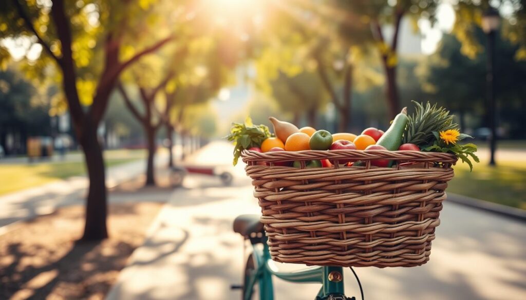 A charming bicycle basket filled with a variety of fresh groceries, showcasing a vibrant mix of fruits and vegetables, expertly arranged to highlight its utility. In the foreground, the basket is positioned prominently on a vintage-style bicycle, emphasizing craftsmanship and durability. The middle ground features a sunlit park pathway, with a few soft-focus trees framing the scene. The background is a blurred cityscape, creating a sense of urban life. Soft, warm lighting filters through the leaves, casting gentle shadows that enhance the cozy atmosphere. The angle is slightly above eye level, bringing focus to the basket while also capturing the beauty of the setting. The overall mood is inviting and serene, suggesting the joy of cycling and shopping combined.