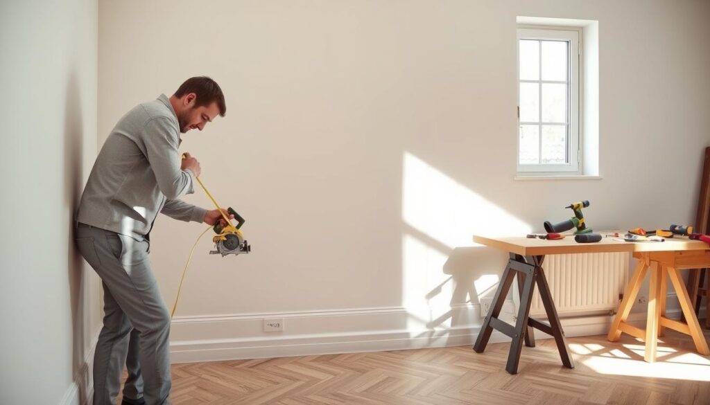 A clean, well-lit interior scene showing a professional installer carefully mounting PVC skirting boards along the base of a wall. In the foreground, the installer, dressed in a modest work shirt and trousers, uses a measuring tape and a miter saw, focused on precision. The middle layer features a freshly painted wall in a soft neutral color, complemented by an attractive flooring setup. In the background, tools neatly arranged on a workbench suggest a workspace atmosphere. Natural light streams through a nearby window, creating soft shadows that enhance the professional and organized feel of the scene. The mood is efficient and focused, emphasizing a systematic approach to installing PVC skirting boards. A clean, well-lit interior scene showing a professional installer carefully mounting PVC skirting boards along the base of a wall. In the foreground, the installer, dressed in a modest work shirt and trousers, uses a measuring tape and a miter saw, focused on precision. The middle layer features a freshly painted wall in a soft neutral color, complemented by an attractive flooring setup. In the background, tools neatly arranged on a workbench suggest a workspace atmosphere. Natural light streams through a nearby window, creating soft shadows that enhance the professional and organized feel of the scene. The mood is efficient and focused, emphasizing a systematic approach to installing PVC skirting boards.