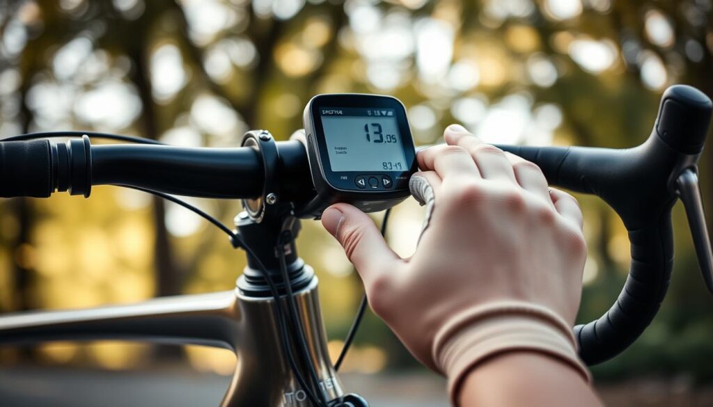 A close-up of a bicycle handlebar with a digital bicycle speedometer being installed, featuring a hand skillfully positioning the device. In the foreground, show intricate details of the speedometer, highlighting its buttons and display. The middle ground focuses on the bicycle frame, showcasing its texture and color, suggesting it's a modern road bike. The background consists of a blurred outdoor setting, with soft natural lighting filtering through trees, creating a serene atmosphere. Capture the mood of focus and concentration, emphasizing the hands-on approach of DIY assembly. Use a shallow depth of field to isolate the subject, creating an engaging and informative image. Ensure the hand is depicted wearing a simple, professional-looking glove to maintain a clean aesthetic. A close-up of a bicycle handlebar with a digital bicycle speedometer being installed, featuring a hand skillfully positioning the device. In the foreground, show intricate details of the speedometer, highlighting its buttons and display. The middle ground focuses on the bicycle frame, showcasing its texture and color, suggesting it's a modern road bike. The background consists of a blurred outdoor setting, with soft natural lighting filtering through trees, creating a serene atmosphere. Capture the mood of focus and concentration, emphasizing the hands-on approach of DIY assembly. Use a shallow depth of field to isolate the subject, creating an engaging and informative image. Ensure the hand is depicted wearing a simple, professional-looking glove to maintain a clean aesthetic.
