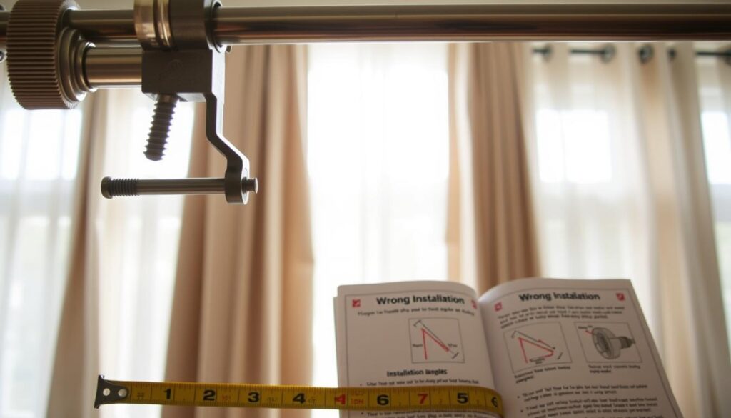 A close-up scene depicting common mistakes in curtain rod installation, featuring a partially installed ceiling-mounted curtain rod. In the foreground, show misaligned brackets, with one screw visibly protruding and another missing, creating a sense of chaos. In the middle, depict a measuring tape with incorrect measurements highlighted, and an instruction manual opened to a section illustrating wrong installation angles. The background features a soft-focus view of a bright, airy room with draped curtains, emphasizing the problematic installation. The lighting is natural and bright, filtering through the windows, creating a slightly concerned atmosphere about the installation mishaps. The image captures the essence of home improvement challenges while maintaining a professional and informative tone. A close-up scene depicting common mistakes in curtain rod installation, featuring a partially installed ceiling-mounted curtain rod. In the foreground, show misaligned brackets, with one screw visibly protruding and another missing, creating a sense of chaos. In the middle, depict a measuring tape with incorrect measurements highlighted, and an instruction manual opened to a section illustrating wrong installation angles. The background features a soft-focus view of a bright, airy room with draped curtains, emphasizing the problematic installation. The lighting is natural and bright, filtering through the windows, creating a slightly concerned atmosphere about the installation mishaps. The image captures the essence of home improvement challenges while maintaining a professional and informative tone.