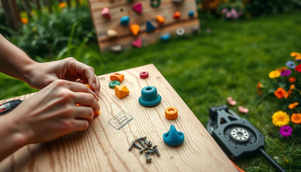 A close-up scene showcasing the process of installing climbing holds on a wooden climbing wall in a garden setting. The foreground features hands carefully attaching brightly colored climbing holds to a textured plywood surface, with tools like a drill and screws visible nearby. In the middle ground, the climbing wall has various holds in different shapes and sizes, set against a backdrop of lush green grass and colorful flowers, creating a vibrant outdoor atmosphere. Soft, natural lighting illuminates the scene, with a shallow depth of field that gently blurs the background. The mood conveys a sense of focus and enthusiasm, perfect for capturing the dedication involved in creating a personal climbing space. A close-up scene showcasing the process of installing climbing holds on a wooden climbing wall in a garden setting. The foreground features hands carefully attaching brightly colored climbing holds to a textured plywood surface, with tools like a drill and screws visible nearby. In the middle ground, the climbing wall has various holds in different shapes and sizes, set against a backdrop of lush green grass and colorful flowers, creating a vibrant outdoor atmosphere. Soft, natural lighting illuminates the scene, with a shallow depth of field that gently blurs the background. The mood conveys a sense of focus and enthusiasm, perfect for capturing the dedication involved in creating a personal climbing space.