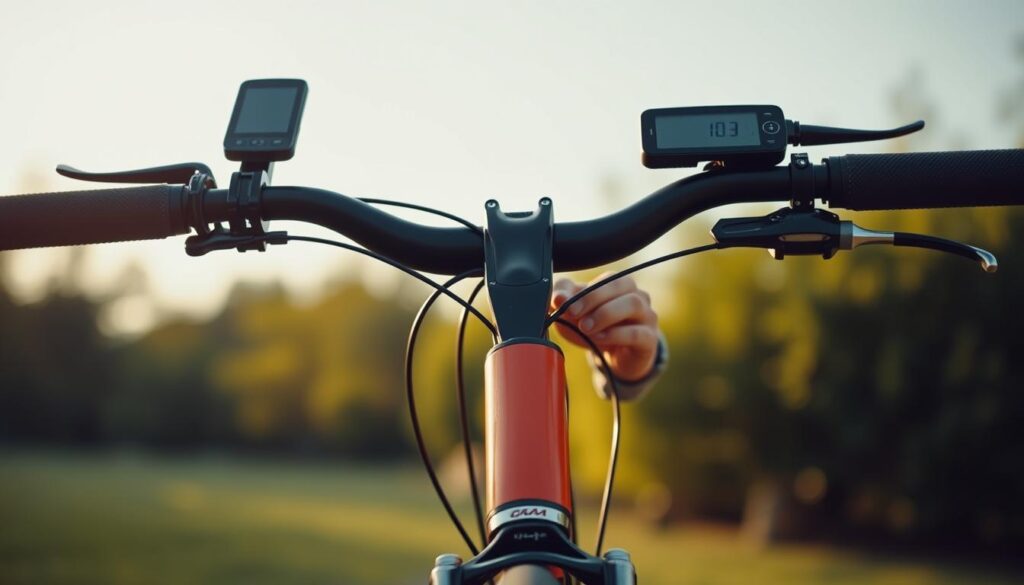A close-up shot of a bicycle handlebar showcasing the installation of a wired cycle computer. The foreground features a neatly arranged bicycle with a clearly visible cycle computer mounted on the handlebars, demonstrating the proper positioning. In the middle ground, a pair of hands in modest casual attire expertly attaching a sensor to the front fork, with tools like a wrench and cable ties nearby for added context. The background fades softly, hinting at a park setting with greenery and a clear sky, emphasizing a calm and focused atmosphere. The lighting is warm and natural, creating an inviting ambiance that highlights the details of the installation process. The angle is slightly above eye level, providing a comprehensive view of both the bike's components and the installation technique. A close-up shot of a bicycle handlebar showcasing the installation of a wired cycle computer. The foreground features a neatly arranged bicycle with a clearly visible cycle computer mounted on the handlebars, demonstrating the proper positioning. In the middle ground, a pair of hands in modest casual attire expertly attaching a sensor to the front fork, with tools like a wrench and cable ties nearby for added context. The background fades softly, hinting at a park setting with greenery and a clear sky, emphasizing a calm and focused atmosphere. The lighting is warm and natural, creating an inviting ambiance that highlights the details of the installation process. The angle is slightly above eye level, providing a comprehensive view of both the bike's components and the installation technique.