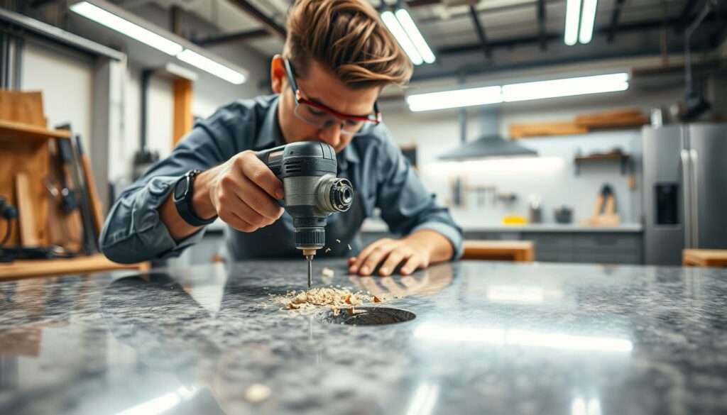 A close-up shot of a skilled artisan using a power drill to create a precise hole in a sleek kitchen countertop. The countertop is made of polished granite with a subtle sheen, reflecting bright overhead LED lighting from an industrial setting. In the foreground, the artisan, dressed in a professional work shirt and safety goggles, focuses intently on the task, showcasing their expertise. The drill is shown in action, with wood shavings flying around, emphasizing the process of making a hole. In the background, you can see neatly arranged tools on a workbench and a blurred view of a modern kitchen, contributing to a productive atmosphere. The overall mood is one of craftsmanship and precision. A close-up shot of a skilled artisan using a power drill to create a precise hole in a sleek kitchen countertop. The countertop is made of polished granite with a subtle sheen, reflecting bright overhead LED lighting from an industrial setting. In the foreground, the artisan, dressed in a professional work shirt and safety goggles, focuses intently on the task, showcasing their expertise. The drill is shown in action, with wood shavings flying around, emphasizing the process of making a hole. In the background, you can see neatly arranged tools on a workbench and a blurred view of a modern kitchen, contributing to a productive atmosphere. The overall mood is one of craftsmanship and precision.