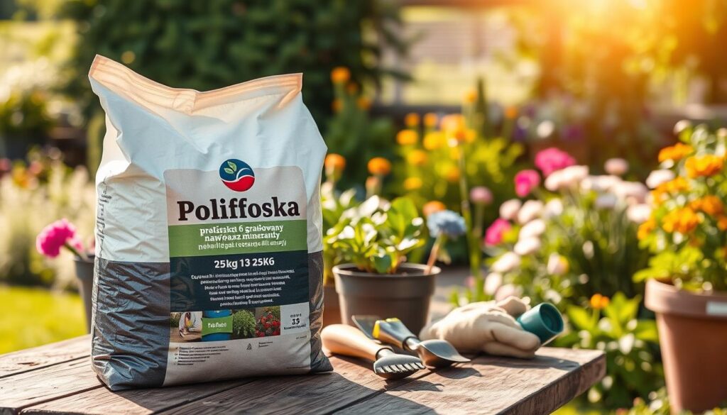 A close-up view of a 25 kg bag of "Polifoska 6 granulowany nawóz mineralny" prominently displayed in the foreground, showcasing its detailed label and texture. The bag is positioned on a rustic wooden table, surrounded by gardening tools like a trowel and gloves, symbolizing its use in gardening. In the middle ground, vibrant green plants and colorful flowers are visible, emphasizing the fertilizer's impact on plant health and growth. The background features a soft-focus garden scene under warm, natural sunlight, creating a serene and inviting atmosphere. Capture this composition with a gentle depth of field to keep the focus on the fertilizer bag while still hinting at the lush garden environment. A close-up view of a 25 kg bag of "Polifoska 6 granulowany nawóz mineralny" prominently displayed in the foreground, showcasing its detailed label and texture. The bag is positioned on a rustic wooden table, surrounded by gardening tools like a trowel and gloves, symbolizing its use in gardening. In the middle ground, vibrant green plants and colorful flowers are visible, emphasizing the fertilizer's impact on plant health and growth. The background features a soft-focus garden scene under warm, natural sunlight, creating a serene and inviting atmosphere. Capture this composition with a gentle depth of field to keep the focus on the fertilizer bag while still hinting at the lush garden environment.
