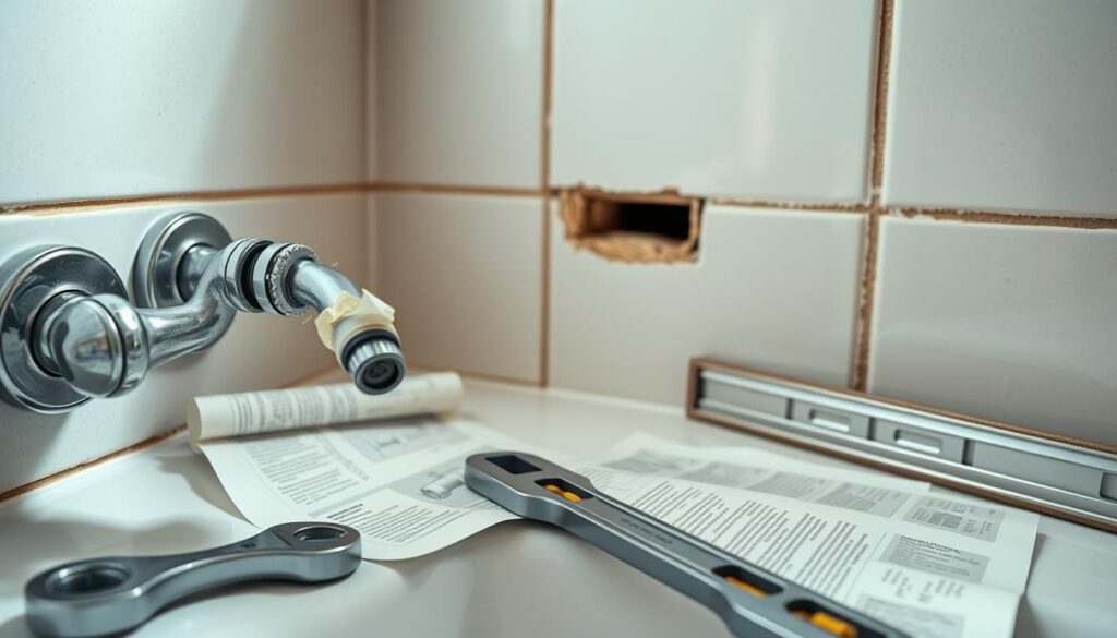A close-up view of a bathroom installation scene showcasing common mistakes in mounting a wall-mounted faucet. In the foreground, there's a partially assembled faucet with misaligned pipes and faulty connections. Tools like a wrench and a level lie scattered next to an unraveling instruction manual. In the middle, a wall shows visible gaps and uneven entries for the plumbing, while the tile background highlights poorly cut edges. The lighting is bright and focused, emphasizing the flaws in the installation process, casting soft shadows for depth. The atmosphere conveys a sense of urgency and caution, ideal for DIY enthusiasts to understand the importance of proper installation techniques. A close-up view of a bathroom installation scene showcasing common mistakes in mounting a wall-mounted faucet. In the foreground, there's a partially assembled faucet with misaligned pipes and faulty connections. Tools like a wrench and a level lie scattered next to an unraveling instruction manual. In the middle, a wall shows visible gaps and uneven entries for the plumbing, while the tile background highlights poorly cut edges. The lighting is bright and focused, emphasizing the flaws in the installation process, casting soft shadows for depth. The atmosphere conveys a sense of urgency and caution, ideal for DIY enthusiasts to understand the importance of proper installation techniques.