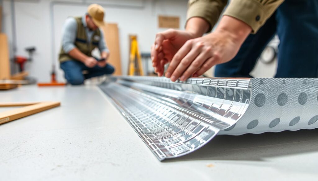 A close-up view of a bucket foil strip installation, showcasing the significance of the foil strip. In the foreground, a focused image of a well-defined, durable plastic foil strip with precise fitting grooves, highlighting its unique texture and edge design. In the middle ground, an assembly process is shown, featuring hands in professional attire properly placing the strip onto a surface, ensuring a snug fit. The background reveals a well-lit workspace with construction tools and materials, arranged neatly. The lighting is bright and even, casting soft shadows to enhance the three-dimensionality of the elements. The overall atmosphere conveys a sense of professionalism and focus, ideal for educating the audience about the importance of proper foil strip installation. A close-up view of a bucket foil strip installation, showcasing the significance of the foil strip. In the foreground, a focused image of a well-defined, durable plastic foil strip with precise fitting grooves, highlighting its unique texture and edge design. In the middle ground, an assembly process is shown, featuring hands in professional attire properly placing the strip onto a surface, ensuring a snug fit. The background reveals a well-lit workspace with construction tools and materials, arranged neatly. The lighting is bright and even, casting soft shadows to enhance the three-dimensionality of the elements. The overall atmosphere conveys a sense of professionalism and focus, ideal for educating the audience about the importance of proper foil strip installation.