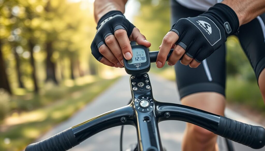A close-up view of a cyclist carefully mounting an odometer on a bicycle handlebar bridge. The foreground features the cyclist's hands, clad in professional cycling gloves, expertly positioning the device with precision. In the middle ground, the bicycle's sleek handlebar bridge is visible, with the odometer displaying clear numbers and features, gleaming under natural daylight. The background shows a blurred setting of a serene bike path, lined with green trees and soft afternoon light filtering through, enhancing the focus on the installation process. The mood is one of concentration and determination, capturing the essence of correct bicycle maintenance. The image should be bright and well-lit, emphasizing clarity and detail in the tools and the bicycle components. A close-up view of a cyclist carefully mounting an odometer on a bicycle handlebar bridge. The foreground features the cyclist's hands, clad in professional cycling gloves, expertly positioning the device with precision. In the middle ground, the bicycle's sleek handlebar bridge is visible, with the odometer displaying clear numbers and features, gleaming under natural daylight. The background shows a blurred setting of a serene bike path, lined with green trees and soft afternoon light filtering through, enhancing the focus on the installation process. The mood is one of concentration and determination, capturing the essence of correct bicycle maintenance. The image should be bright and well-lit, emphasizing clarity and detail in the tools and the bicycle components.
