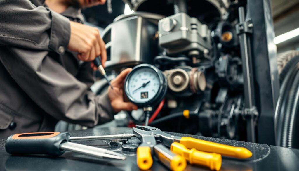 A close-up view of a mechanic installing an hour meter on a heavy-duty machinery panel, showcasing intricate details of the panel and the hour meter itself. The mechanic, dressed in professional work attire, is using tools to carefully connect wires and secure the device. In the foreground, focus on a set of tools—screwdriver, pliers, and wire connectors—laying on the engine compartment. The middle ground displays the machinery with visible gears and components, reflecting an industrial setting. In the background, a garage environment is illuminated by bright, even lighting, enhancing a sense of professionalism and focus. The mood is technical and instructional, emphasizing precision and care in the installation process, suitable for a DIY guide. A close-up view of a mechanic installing an hour meter on a heavy-duty machinery panel, showcasing intricate details of the panel and the hour meter itself. The mechanic, dressed in professional work attire, is using tools to carefully connect wires and secure the device. In the foreground, focus on a set of tools—screwdriver, pliers, and wire connectors—laying on the engine compartment. The middle ground displays the machinery with visible gears and components, reflecting an industrial setting. In the background, a garage environment is illuminated by bright, even lighting, enhancing a sense of professionalism and focus. The mood is technical and instructional, emphasizing precision and care in the installation process, suitable for a DIY guide.