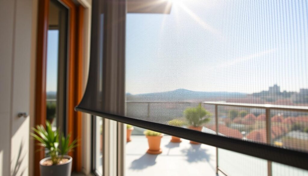A close-up view of a modern balcony door with a retractable screen door (moskitiera drzwiowa) installed. The foreground features the sleek mesh screen partially opened, showcasing its fine mesh texture designed to keep out insects while allowing fresh air in. In the middle ground, the door frame is visible, made of elegant wood or aluminum, with reflections of sunlight capturing the smooth surface. The background includes a sunny balcony with potted plants and a cityscape in soft focus, conveying a warm, inviting atmosphere. The lighting is bright and cheerful, suggesting a late afternoon setting, with a gentle breeze moving the mesh slightly. The image should evoke a sense of tranquility and utility, perfect for illustrating a home improvement theme. A close-up view of a modern balcony door with a retractable screen door (moskitiera drzwiowa) installed. The foreground features the sleek mesh screen partially opened, showcasing its fine mesh texture designed to keep out insects while allowing fresh air in. In the middle ground, the door frame is visible, made of elegant wood or aluminum, with reflections of sunlight capturing the smooth surface. The background includes a sunny balcony with potted plants and a cityscape in soft focus, conveying a warm, inviting atmosphere. The lighting is bright and cheerful, suggesting a late afternoon setting, with a gentle breeze moving the mesh slightly. The image should evoke a sense of tranquility and utility, perfect for illustrating a home improvement theme.