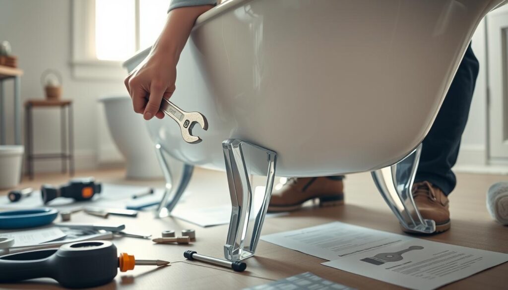 A close-up view of a person in professional attire assembling acrylic bathtub legs, showcasing detailed hand movements and tools. In the foreground, focus on a wrench tightening screws on sleek modern acrylic legs, highlighting the craftsmanship and precision. The middle ground presents the bathtub with a glossy finish, reflecting light, while the workspace includes scattered tools and assembly instructions for clarity and context. The background fades softly into a minimally decorated bathroom, with light streaming in from a nearby window, creating a bright, inviting atmosphere. Ensure the lighting is natural and balanced, and the image captures a sense of focus and professionalism in home improvement.