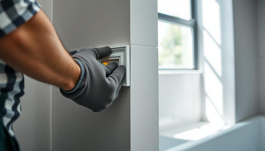A close-up view of a professional looking at and installing corner trim tiles in a modern bathroom setting. In the foreground, a sturdy pair of hands, wearing gloves, is carefully applying adhesive to the back of a corner trim piece, showcasing attention to detail. In the middle ground, the corner trim is almost seamlessly fitted into place, emphasizing precision and craftsmanship. The background features a well-lit bathroom with stylish tiles, highlighting the contrast between the plain wall and the polished trim. Soft, natural light streams in from a nearby window, casting gentle shadows that enhance the spatial depth. The mood is focused and professional, evoking a sense of satisfaction in home improvement. A close-up view of a professional looking at and installing corner trim tiles in a modern bathroom setting. In the foreground, a sturdy pair of hands, wearing gloves, is carefully applying adhesive to the back of a corner trim piece, showcasing attention to detail. In the middle ground, the corner trim is almost seamlessly fitted into place, emphasizing precision and craftsmanship. The background features a well-lit bathroom with stylish tiles, highlighting the contrast between the plain wall and the polished trim. Soft, natural light streams in from a nearby window, casting gentle shadows that enhance the spatial depth. The mood is focused and professional, evoking a sense of satisfaction in home improvement.