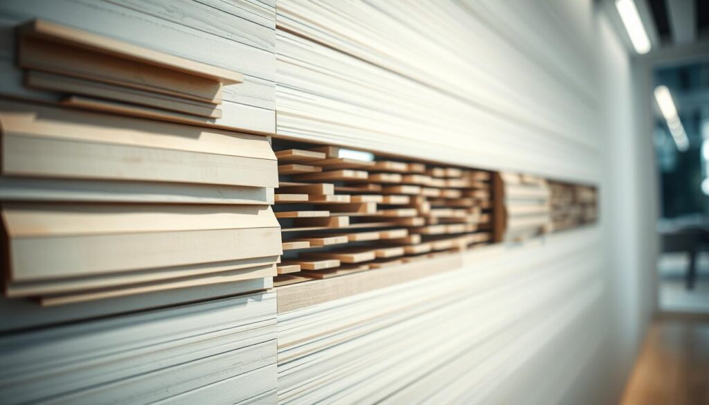 A close-up view of a wall installation depicting typical mistakes made during the mounting of lamella panels. The foreground features improperly aligned panels, with some pieces overlapping and gaps visible, showcasing common errors. In the middle, a partially assembled section illustrates chaotic spacing and uneven height among the lamellae. The background provides a blurred view of a modern interior space, enhancing the focus on the installation mistakes. The lighting is bright, highlighting details with soft shadows for depth, while the angle captures the scene directly from eye level. The mood conveys a sense of caution, emphasizing the importance of precision in aesthetic wall treatments. A close-up view of a wall installation depicting typical mistakes made during the mounting of lamella panels. The foreground features improperly aligned panels, with some pieces overlapping and gaps visible, showcasing common errors. In the middle, a partially assembled section illustrates chaotic spacing and uneven height among the lamellae. The background provides a blurred view of a modern interior space, enhancing the focus on the installation mistakes. The lighting is bright, highlighting details with soft shadows for depth, while the angle captures the scene directly from eye level. The mood conveys a sense of caution, emphasizing the importance of precision in aesthetic wall treatments.