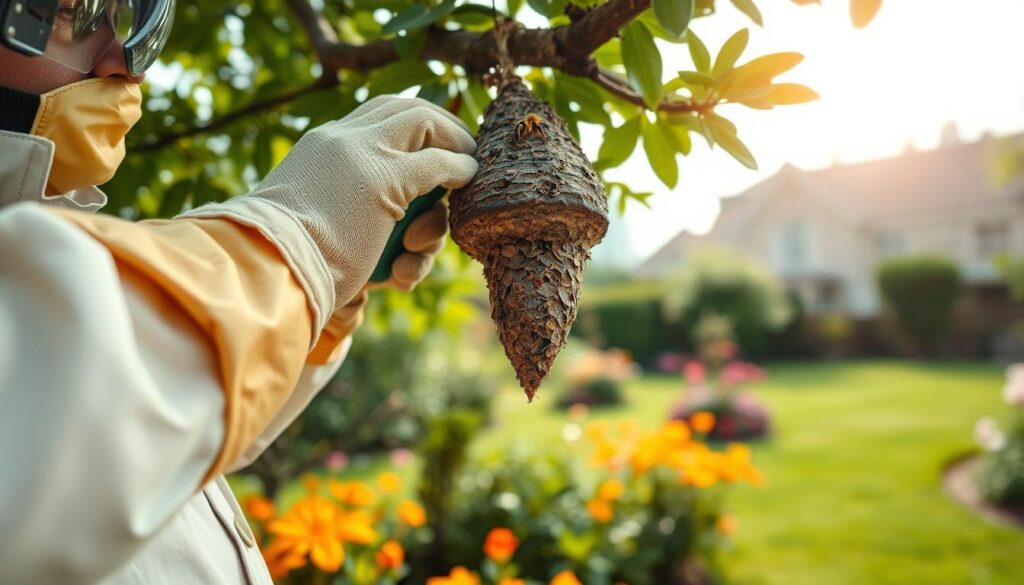 A close-up view of a wasp nest being carefully removed by a professional pest control worker dressed in safety gear, showcasing protective gloves and goggles. The worker is using a specialized tool to extract the nest from a tree branch in a well-maintained garden, surrounded by lush greenery and vibrant flowers. In the foreground, the intricate details of the wasp nest are visible, revealing its unique structure and texture. The background displays a sunny sky with soft, diffuse lighting illuminating the scene, creating a calm yet focused atmosphere. The composition highlights the tension between nature and human intervention, underscoring the importance of safely managing wasp nests in residential areas. A close-up view of a wasp nest being carefully removed by a professional pest control worker dressed in safety gear, showcasing protective gloves and goggles. The worker is using a specialized tool to extract the nest from a tree branch in a well-maintained garden, surrounded by lush greenery and vibrant flowers. In the foreground, the intricate details of the wasp nest are visible, revealing its unique structure and texture. The background displays a sunny sky with soft, diffuse lighting illuminating the scene, creating a calm yet focused atmosphere. The composition highlights the tension between nature and human intervention, underscoring the importance of safely managing wasp nests in residential areas.