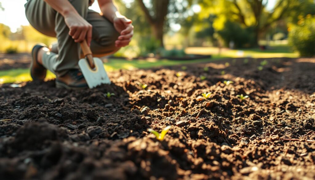 A close-up view of soil preparation for a vegetable garden, set in a serene outdoor environment. In the foreground, a gardener kneels on rich, dark soil, wearing modest casual clothing, using a hand trowel to cultivate the ground. The middle ground reveals neat rows of freshly turned soil, mixed with organic compost and small green sprouts emerging. The background showcases a lush garden landscape under warm, golden sunlight, with soft shadows created by nearby trees. The atmosphere is calm and nurturing, evoking a sense of connection to nature. The scene captures the essence of gardening, emphasizing the tactile nature of soil and the joy of planting. The focus is sharp on the gardener and soil while softly blurring the background for depth. A close-up view of soil preparation for a vegetable garden, set in a serene outdoor environment. In the foreground, a gardener kneels on rich, dark soil, wearing modest casual clothing, using a hand trowel to cultivate the ground. The middle ground reveals neat rows of freshly turned soil, mixed with organic compost and small green sprouts emerging. The background showcases a lush garden landscape under warm, golden sunlight, with soft shadows created by nearby trees. The atmosphere is calm and nurturing, evoking a sense of connection to nature. The scene captures the essence of gardening, emphasizing the tactile nature of soil and the joy of planting. The focus is sharp on the gardener and soil while softly blurring the background for depth.