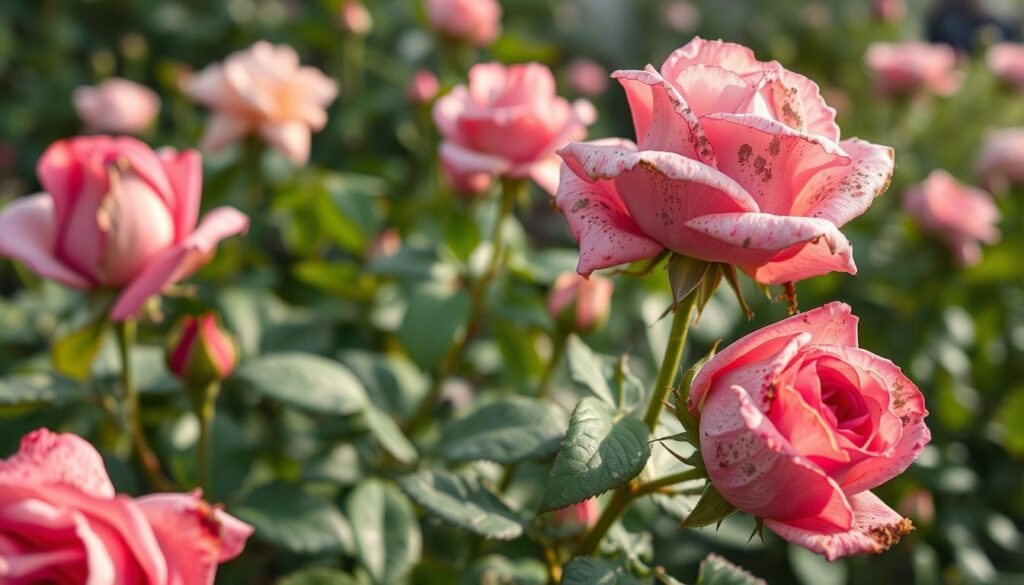 A close-up view of wilted pink roses affected by fungal diseases, showcasing their decaying petals covered in visible spots and a powdery mildew texture. In the foreground, the detail of the roses should be prominent, with a crisp focus on the affected areas, highlighting the symptoms of the fungal infection. The middle ground features healthy green leaves, contrasting the dying flowers, emphasizing the struggle between health and disease. In the background, a soft-focus garden setting with blurred hints of other rose bushes under gentle daylight creates an atmosphere of concern and care. The mood is somber yet hopeful, capturing the urgency of addressing the problem. The lighting should be warm and natural, enhancing the pink and green tones while avoiding harsh shadows. A close-up view of wilted pink roses affected by fungal diseases, showcasing their decaying petals covered in visible spots and a powdery mildew texture. In the foreground, the detail of the roses should be prominent, with a crisp focus on the affected areas, highlighting the symptoms of the fungal infection. The middle ground features healthy green leaves, contrasting the dying flowers, emphasizing the struggle between health and disease. In the background, a soft-focus garden setting with blurred hints of other rose bushes under gentle daylight creates an atmosphere of concern and care. The mood is somber yet hopeful, capturing the urgency of addressing the problem. The lighting should be warm and natural, enhancing the pink and green tones while avoiding harsh shadows.