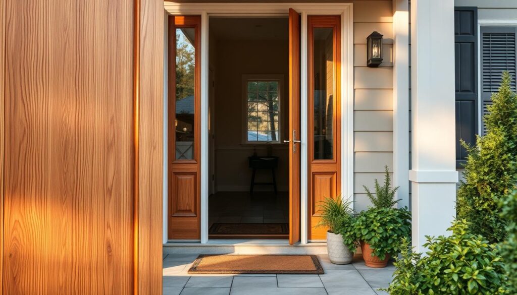 A cozy and inviting entrance featuring a well-insulated front door adorned with weatherproof seals and thermal panels. In the foreground, highlight the door with intricate wood grain texture, while showcasing energy-efficient features like an insulated threshold and door frame. In the middle, display surrounding greenery, such as potted plants and a doormat, enhancing the welcoming atmosphere. The background should depict a modern home exterior with soft, natural lighting emphasizing warmth and comfort, capturing a peaceful afternoon ambiance. Use a slightly elevated angle to showcase the door's features effectively, ensuring a professional and clean aesthetic.