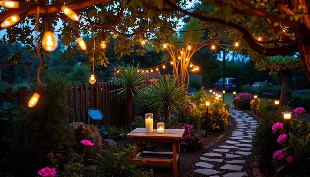 A cozy garden scene at twilight, featuring rustic outdoor lighting. In the foreground, there are several charming string lights elegantly draped from tree branches, casting a warm glow. In the middle, a quaint wooden table is adorned with simple candle holders, surrounded by lush plants and colorful flowers. The background reveals a softly illuminated garden path lined with low-cost solar garden lights, guiding the way through the foliage. The atmosphere is inviting and serene, enhancing a sense of tranquility. The lighting is soft and diffused, creating a magical ambiance, while the angle captures the entire scene from a slightly elevated perspective, emphasizing the harmonious blend of nature and lighting. A cozy garden scene at twilight, featuring rustic outdoor lighting. In the foreground, there are several charming string lights elegantly draped from tree branches, casting a warm glow. In the middle, a quaint wooden table is adorned with simple candle holders, surrounded by lush plants and colorful flowers. The background reveals a softly illuminated garden path lined with low-cost solar garden lights, guiding the way through the foliage. The atmosphere is inviting and serene, enhancing a sense of tranquility. The lighting is soft and diffused, creating a magical ambiance, while the angle captures the entire scene from a slightly elevated perspective, emphasizing the harmonious blend of nature and lighting.