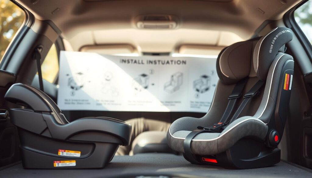 A detailed assembly instruction guide for a car seat, prominently displayed in a well-lit environment. In the foreground, a neatly arranged car seat with labeled parts, including the base, harness, and buckles, is clearly visible. The middle ground features step-by-step illustrations showing the correct installation process, with arrows and numbers to indicate sequence. In the background, a car interior is subtly blurred to emphasize the focus on the car seat installation. The lighting is bright and natural, creating a clean and instructional atmosphere, with a perspective that captures the assembly process from an angle that highlights ease of understanding. The mood is informative and reassuring, ideal for guiding parents through safe car seat installation. A detailed assembly instruction guide for a car seat, prominently displayed in a well-lit environment. In the foreground, a neatly arranged car seat with labeled parts, including the base, harness, and buckles, is clearly visible. The middle ground features step-by-step illustrations showing the correct installation process, with arrows and numbers to indicate sequence. In the background, a car interior is subtly blurred to emphasize the focus on the car seat installation. The lighting is bright and natural, creating a clean and instructional atmosphere, with a perspective that captures the assembly process from an angle that highlights ease of understanding. The mood is informative and reassuring, ideal for guiding parents through safe car seat installation.
