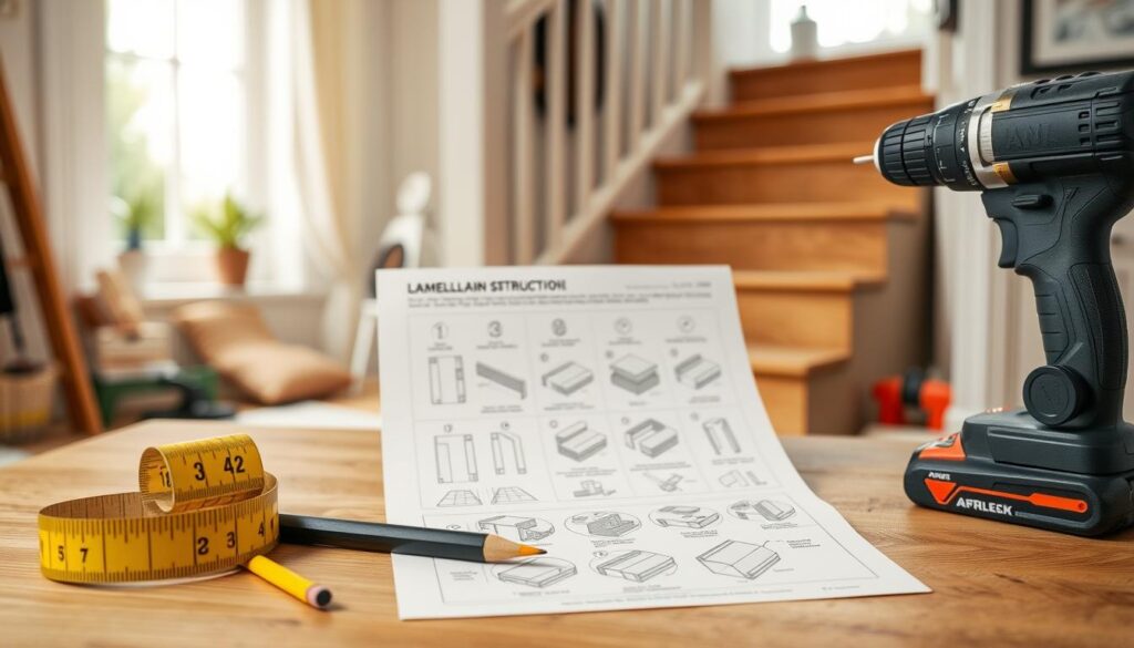 A detailed assembly instruction guide for installing lamellas by stairs. In the foreground, show a neatly arranged workspace with tools such as a measuring tape, pencil, level, and a power drill on a wooden surface. In the middle, depict a well-illustrated step-by-step guide on how to install the lamellas, featuring clear diagrams and sequential images of the installation process. The background features a cozy, well-lit interior setting with soft, natural light filtering through a nearby window, enhancing visibility and creating an inviting atmosphere. Use a slightly elevated angle to capture the workspace and instructions clearly, ensuring a professional and informative look that conveys safety and efficiency in the installation process. A detailed assembly instruction guide for installing lamellas by stairs. In the foreground, show a neatly arranged workspace with tools such as a measuring tape, pencil, level, and a power drill on a wooden surface. In the middle, depict a well-illustrated step-by-step guide on how to install the lamellas, featuring clear diagrams and sequential images of the installation process. The background features a cozy, well-lit interior setting with soft, natural light filtering through a nearby window, enhancing visibility and creating an inviting atmosphere. Use a slightly elevated angle to capture the workspace and instructions clearly, ensuring a professional and informative look that conveys safety and efficiency in the installation process.