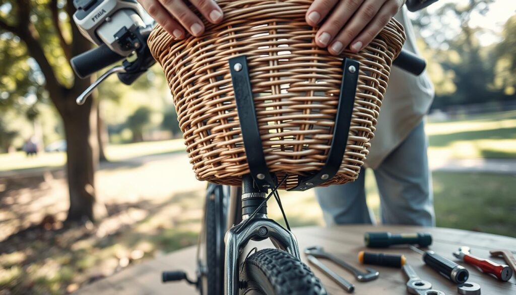A detailed, close-up view of a bicycle basket installation process. In the foreground, focus on a well-constructed bicycle with a sturdy wicker basket attached to the front. Hands in modest, casual clothing expertly align the basket with mounting brackets, highlighting the precise fitting. The middle ground showcases tools like a screwdriver and wrench neatly arranged on a workbench, giving an organized feel. In the background, a park scene is visible, with soft sunlight filtering through the trees, creating a warm and inviting atmosphere. The image should have natural lighting to emphasize the action, and be shot from a slight overhead angle to capture the dynamics of the installation process while ensuring clarity and focus on the basket and tools, evoking a sense of achievement in DIY craftsmanship.