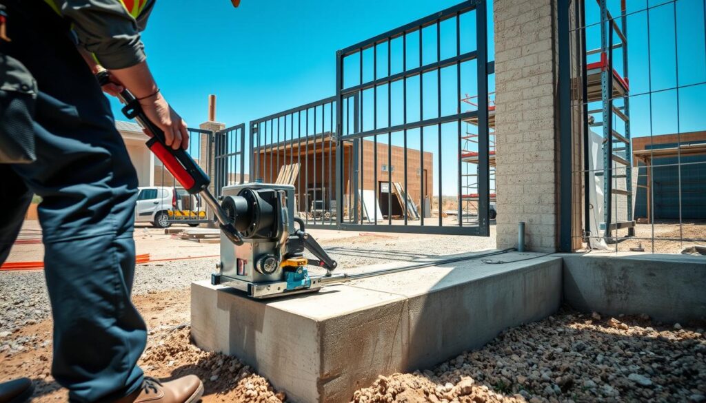 A detailed construction scene showcasing the installation of a gate drive mechanism on a concrete foundation. In the foreground, a technician dressed in professional work attire is carefully aligning and securing the drive unit to the sturdy foundation base, using tools such as a wrench and a level. The middle ground features the gate structure partially open, with components like rollers and tracks visible. In the background, there are construction materials, scaffolding, and a clear blue sky. The lighting is bright and natural, casting soft shadows to emphasize depth. The angle is slightly above eye level, providing a comprehensive view of the installation process, creating a mood of professionalism and focus in a busy, active environment. A detailed construction scene showcasing the installation of a gate drive mechanism on a concrete foundation. In the foreground, a technician dressed in professional work attire is carefully aligning and securing the drive unit to the sturdy foundation base, using tools such as a wrench and a level. The middle ground features the gate structure partially open, with components like rollers and tracks visible. In the background, there are construction materials, scaffolding, and a clear blue sky. The lighting is bright and natural, casting soft shadows to emphasize depth. The angle is slightly above eye level, providing a comprehensive view of the installation process, creating a mood of professionalism and focus in a busy, active environment.