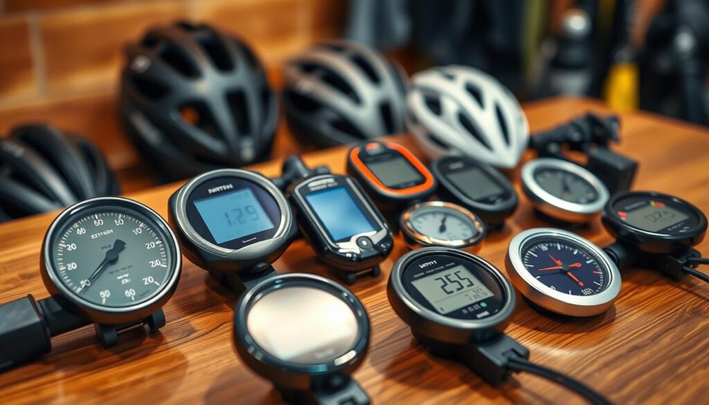 A detailed display of various types of bicycle speedometers, arranged artistically on a wooden table. In the foreground, a traditional analog speedometer with a vintage design, alongside a modern digital model showcasing a bright, clear screen. Include a wireless model with a sleek, minimalist look. The middle ground features a set of different colored speedometers, emphasizing diversity in styles and functions. The background remains softly blurred with biking gear, such as helmets and gloves, giving a sense of an active environment. The lighting is warm and inviting, illuminating the speedometers to highlight their features. The angle is slightly above eye level, allowing for a comprehensive view that captures the essence of cycling technology. The mood is informative and engaging, perfect for bike enthusiasts. A detailed display of various types of bicycle speedometers, arranged artistically on a wooden table. In the foreground, a traditional analog speedometer with a vintage design, alongside a modern digital model showcasing a bright, clear screen. Include a wireless model with a sleek, minimalist look. The middle ground features a set of different colored speedometers, emphasizing diversity in styles and functions. The background remains softly blurred with biking gear, such as helmets and gloves, giving a sense of an active environment. The lighting is warm and inviting, illuminating the speedometers to highlight their features. The angle is slightly above eye level, allowing for a comprehensive view that captures the essence of cycling technology. The mood is informative and engaging, perfect for bike enthusiasts.