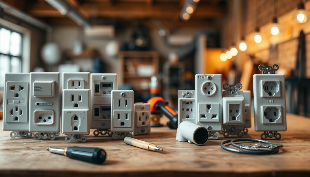 A detailed display of various types of electrical sockets arranged neatly on a wooden workbench. In the foreground, focus on close-up views of different socket designs, including standard wall outlets, USB ports, and specialized plugs. The middle layer features tools like a screwdriver and wire strippers, suggesting an ongoing installation process. The background showcases a softly lit room with warm, ambient lighting that creates a professional atmosphere. Use a shallow depth of field to highlight the sockets, while softly blurring the background. The overall mood should convey safety and professionalism, making it clear that this is a workspace dedicated to electrical installations. A detailed display of various types of electrical sockets arranged neatly on a wooden workbench. In the foreground, focus on close-up views of different socket designs, including standard wall outlets, USB ports, and specialized plugs. The middle layer features tools like a screwdriver and wire strippers, suggesting an ongoing installation process. The background showcases a softly lit room with warm, ambient lighting that creates a professional atmosphere. Use a shallow depth of field to highlight the sockets, while softly blurring the background. The overall mood should convey safety and professionalism, making it clear that this is a workspace dedicated to electrical installations.