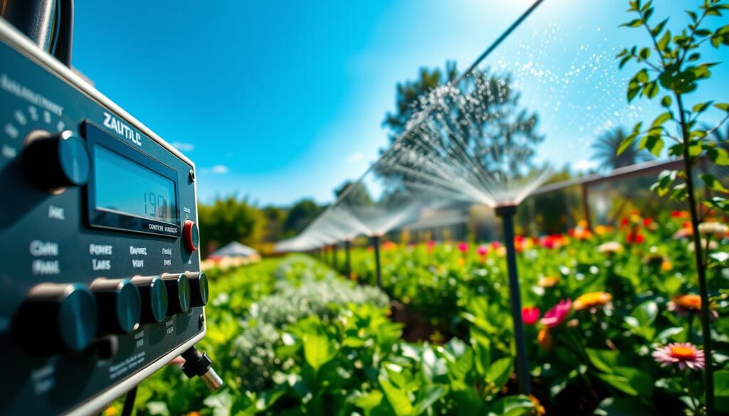 A detailed garden irrigation control system, showcasing a sleek control panel with various dials and digital displays in the foreground. In the middle ground, lush green plants are being watered with a network of glistening hoses and sprinkler heads, demonstrating an efficient and economical irrigation setup. The background features a picturesque garden full of flowering plants and vibrant greenery under a bright blue sky, with soft, natural sunlight illuminating the scene. The atmosphere is serene and productive, inviting viewers to imagine implementing their own low-cost gardening irrigation solutions. The camera angle captures the control system from a slight low perspective, emphasizing its importance in the gardening process. A detailed garden irrigation control system, showcasing a sleek control panel with various dials and digital displays in the foreground. In the middle ground, lush green plants are being watered with a network of glistening hoses and sprinkler heads, demonstrating an efficient and economical irrigation setup. The background features a picturesque garden full of flowering plants and vibrant greenery under a bright blue sky, with soft, natural sunlight illuminating the scene. The atmosphere is serene and productive, inviting viewers to imagine implementing their own low-cost gardening irrigation solutions. The camera angle captures the control system from a slight low perspective, emphasizing its importance in the gardening process.