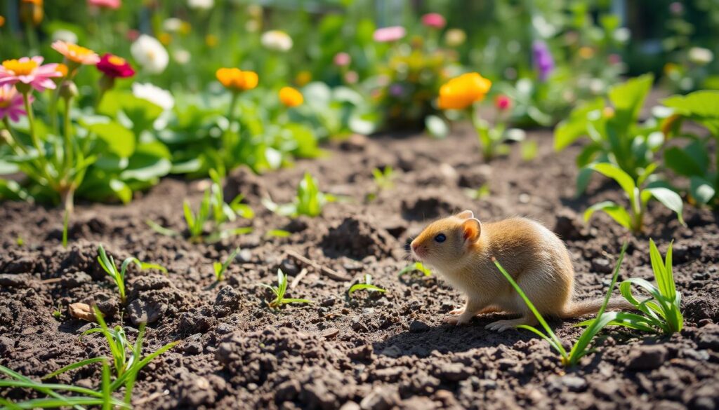 A detailed garden scene focused on identifying field voles. In the foreground, a close-up view of a field vole with its characteristic small size, rounded ears, and short, furry tail, sitting amidst garden soil and some green grass. In the middle ground, several distinct signs of their presence are visible: small burrows, tunnels, and gnawed plants. The background features a lush garden with blooming flowers and leafy vegetables, creating a vibrant atmosphere. Soft, natural lighting simulates a sunny day, with shadows falling gently across the scene. The image has a warm and informative mood, visually guiding the viewer on how to recognize the signs of voles in a garden setting. A detailed garden scene focused on identifying field voles. In the foreground, a close-up view of a field vole with its characteristic small size, rounded ears, and short, furry tail, sitting amidst garden soil and some green grass. In the middle ground, several distinct signs of their presence are visible: small burrows, tunnels, and gnawed plants. The background features a lush garden with blooming flowers and leafy vegetables, creating a vibrant atmosphere. Soft, natural lighting simulates a sunny day, with shadows falling gently across the scene. The image has a warm and informative mood, visually guiding the viewer on how to recognize the signs of voles in a garden setting.