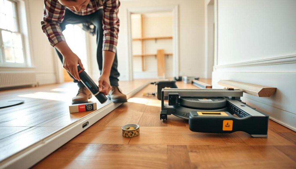 A detailed guide on methods for installing baseboards, capturing a close-up view of a craftsman working on a wooden floor. In the foreground, a skilled worker in professional attire is shown applying adhesive to a baseboard, focusing on precision. The middle ground features a neatly organized workspace with various tools—adhesive, a measuring tape, a miter saw, and a level—arranged on a clean workbench. In the background, the interior of a well-lit room is visible, with partially installed baseboards along the walls. Natural light streams through a window, casting soft shadows, creating a professional and inviting atmosphere. The angle should be slightly above eye level, highlighting the craftsmanship involved in the installation process. A detailed guide on methods for installing baseboards, capturing a close-up view of a craftsman working on a wooden floor. In the foreground, a skilled worker in professional attire is shown applying adhesive to a baseboard, focusing on precision. The middle ground features a neatly organized workspace with various tools—adhesive, a measuring tape, a miter saw, and a level—arranged on a clean workbench. In the background, the interior of a well-lit room is visible, with partially installed baseboards along the walls. Natural light streams through a window, casting soft shadows, creating a professional and inviting atmosphere. The angle should be slightly above eye level, highlighting the craftsmanship involved in the installation process.