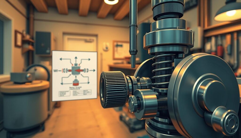 A detailed illustration of a draft regulator in action, showcasing its internal mechanics. In the foreground, depict a close-up view of the regulator's components, including levers, springs, and a flow sensor, intricately designed with metallic textures and shiny surfaces. The middle ground should feature a schematic or diagram highlighting how air flow is controlled, with arrows indicating movement and functionality. In the background, a cozy, well-lit boiler room can be seen, with a modern boiler system, tools on a workbench, and soft ambient lighting creating a warm atmosphere. The perspective is slightly angled, capturing the depth of the scene while providing clarity on the technical elements.