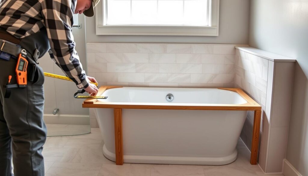 A detailed illustration of the installation process for a rectangular bathtub surround. In the foreground, display a carpenter in a professional outfit, focused on measuring and aligning the surround pieces with tools like a level and tape measure at hand. The middle layer shows the bathtub with the surround partially installed, highlighting the connections and fasteners being used. The background includes a well-lit bathroom setting, with modern tiles, a soft color palette, and natural light streaming through a window, creating a warm and inviting atmosphere. Capture the details of the surrounding materials, showcasing both the texture and colors of the bathtub and the surround. The composition should be dynamic and informative, ideally shot from a slightly elevated angle to highlight both the process and the finished look. A detailed illustration of the installation process for a rectangular bathtub surround. In the foreground, display a carpenter in a professional outfit, focused on measuring and aligning the surround pieces with tools like a level and tape measure at hand. The middle layer shows the bathtub with the surround partially installed, highlighting the connections and fasteners being used. The background includes a well-lit bathroom setting, with modern tiles, a soft color palette, and natural light streaming through a window, creating a warm and inviting atmosphere. Capture the details of the surrounding materials, showcasing both the texture and colors of the bathtub and the surround. The composition should be dynamic and informative, ideally shot from a slightly elevated angle to highlight both the process and the finished look.