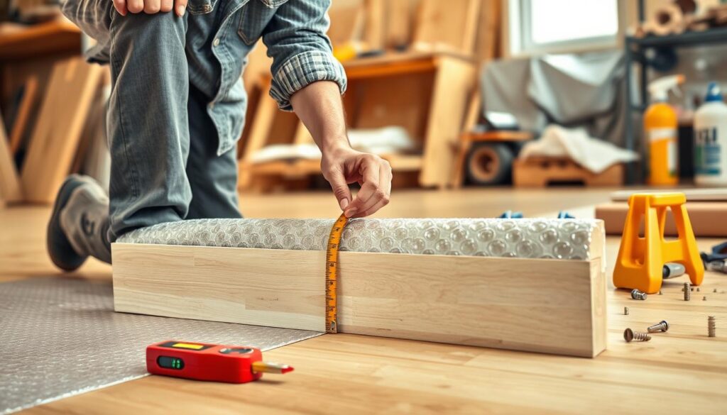 A detailed illustration of the steps for installing a skirting board to a bubble wrap foil, focusing on the process of assembly. In the foreground, depict a professional tradesperson in modest casual clothing, carefully aligning the skirting board with the bubble wrap foil. The middle ground features tools such as a measuring tape, a level, and a pencil for marking dimensions, showcasing a workshop setup. In the background, a well-lit workspace with a soft-focus on additional materials like adhesive and screws, creating a narrative of progression. The lighting is warm and inviting, highlighting the textures of the materials involved. Capture a sense of precision and craftsmanship in a professional and inviting atmosphere. A detailed illustration of the steps for installing a skirting board to a bubble wrap foil, focusing on the process of assembly. In the foreground, depict a professional tradesperson in modest casual clothing, carefully aligning the skirting board with the bubble wrap foil. The middle ground features tools such as a measuring tape, a level, and a pencil for marking dimensions, showcasing a workshop setup. In the background, a well-lit workspace with a soft-focus on additional materials like adhesive and screws, creating a narrative of progression. The lighting is warm and inviting, highlighting the textures of the materials involved. Capture a sense of precision and craftsmanship in a professional and inviting atmosphere.