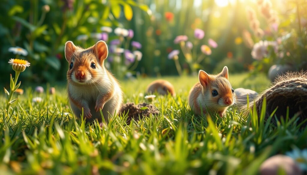 A detailed illustration showcasing various species of voles native to Poland, emphasizing their distinct features. In the foreground, include a close-up of a bank vole with a soft brown fur texture, tiny, expressive eyes, and small, rounded ears. In the middle ground, depict a field vole foraging in grass, with a curious expression, alongside signs of their burrows. The background features a lush, green garden with wildflowers and shrubs, with soft sunlight filtering through the leaves, creating a warm, inviting atmosphere. Use a shallow depth of field to blur the background slightly, highlighting the voles. Capture the scene from a low angle to give a sense of intimacy and to showcase the natural habitat, evoking a sense of discovery and wonder in the wild. A detailed illustration showcasing various species of voles native to Poland, emphasizing their distinct features. In the foreground, include a close-up of a bank vole with a soft brown fur texture, tiny, expressive eyes, and small, rounded ears. In the middle ground, depict a field vole foraging in grass, with a curious expression, alongside signs of their burrows. The background features a lush, green garden with wildflowers and shrubs, with soft sunlight filtering through the leaves, creating a warm, inviting atmosphere. Use a shallow depth of field to blur the background slightly, highlighting the voles. Capture the scene from a low angle to give a sense of intimacy and to showcase the natural habitat, evoking a sense of discovery and wonder in the wild.