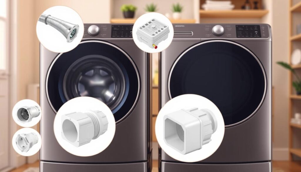 A detailed illustration showcasing various types of connectors used for installing a Samsung washer and dryer. In the foreground, include close-up views of different connectors such as hoses, adapters, and junction boxes, each clearly labeled with distinctive shapes and colors. The middle ground features a sleek Samsung washer and dryer side by side, demonstrating proper connection points. In the background, softly blurred home setting, hinting at a laundry room ambiance with warm, inviting lighting. Use a slightly elevated camera angle to capture the complexity of the connectors while emphasizing their functional role. The mood should be informative and visually engaging, providing clarity on the types and functions of the connectors without distractions. A detailed illustration showcasing various types of connectors used for installing a Samsung washer and dryer. In the foreground, include close-up views of different connectors such as hoses, adapters, and junction boxes, each clearly labeled with distinctive shapes and colors. The middle ground features a sleek Samsung washer and dryer side by side, demonstrating proper connection points. In the background, softly blurred home setting, hinting at a laundry room ambiance with warm, inviting lighting. Use a slightly elevated camera angle to capture the complexity of the connectors while emphasizing their functional role. The mood should be informative and visually engaging, providing clarity on the types and functions of the connectors without distractions.