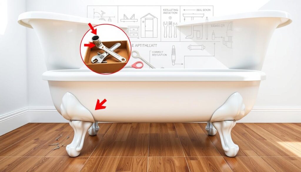 A detailed illustration showing common mistakes in the installation of acrylic bath legs. In the foreground, display a partially assembled bathtub with clearly highlighted errors such as uneven leg placement and improper alignment, with arrows pointing to the faults. The middle layer features a close-up of a toolbox with tools scattered around, including a wrench and screws, emphasizing a chaotic installation process. In the background, a diagram or blueprint of correct installation techniques subtly fades, offering contrast to the mistakes shown. The scene should be well-lit with bright, natural lighting to create a professional yet approachable atmosphere, showcasing realistic textures of the bathtub and tools. The camera angle is slightly tilted to create a dynamic perspective that draws attention to the errors.