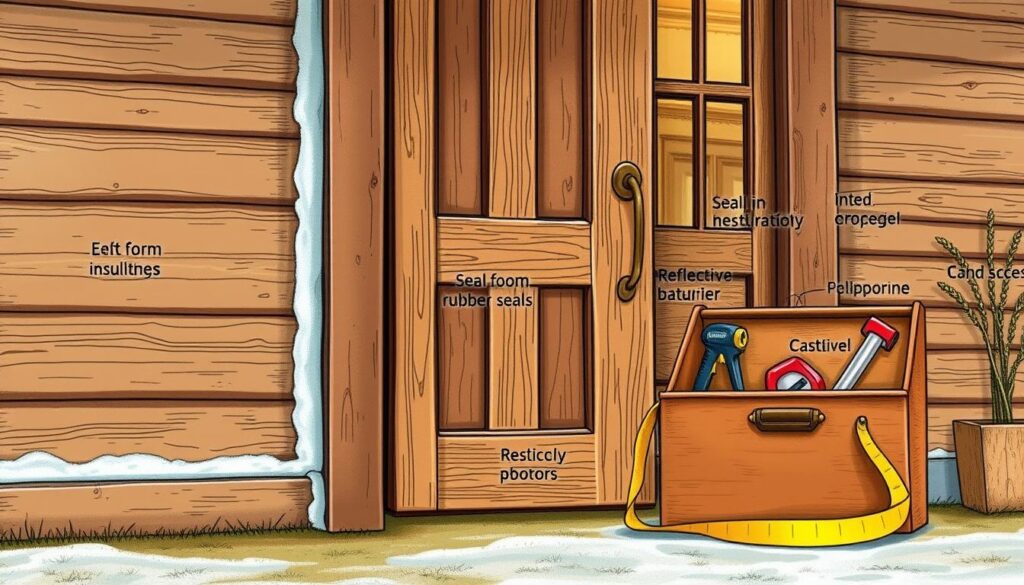 A detailed, informative illustration focused on effective door insulation techniques. In the foreground, display a beautifully weathered wooden front door, partially open to reveal insulating materials like foam, rubber seals, and reflective barriers. The middle ground features a toolbox with insulation tools, such as a measuring tape and caulking gun, neatly arranged. The background shows a cozy home setting with warm lighting, hinting at a comfortable living space. The image should capture a practical, DIY atmosphere, illustrating the process with precision. Use natural light to enhance textures, reflecting a sense of professionalism and expertise in home improvement. Aim for a balanced composition that draws the viewer's attention to the door and insulation materials.